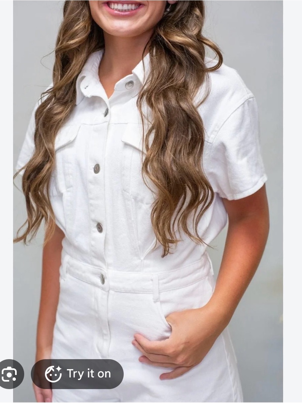 Women's White Short-Sleeve Denim Jumpsuit